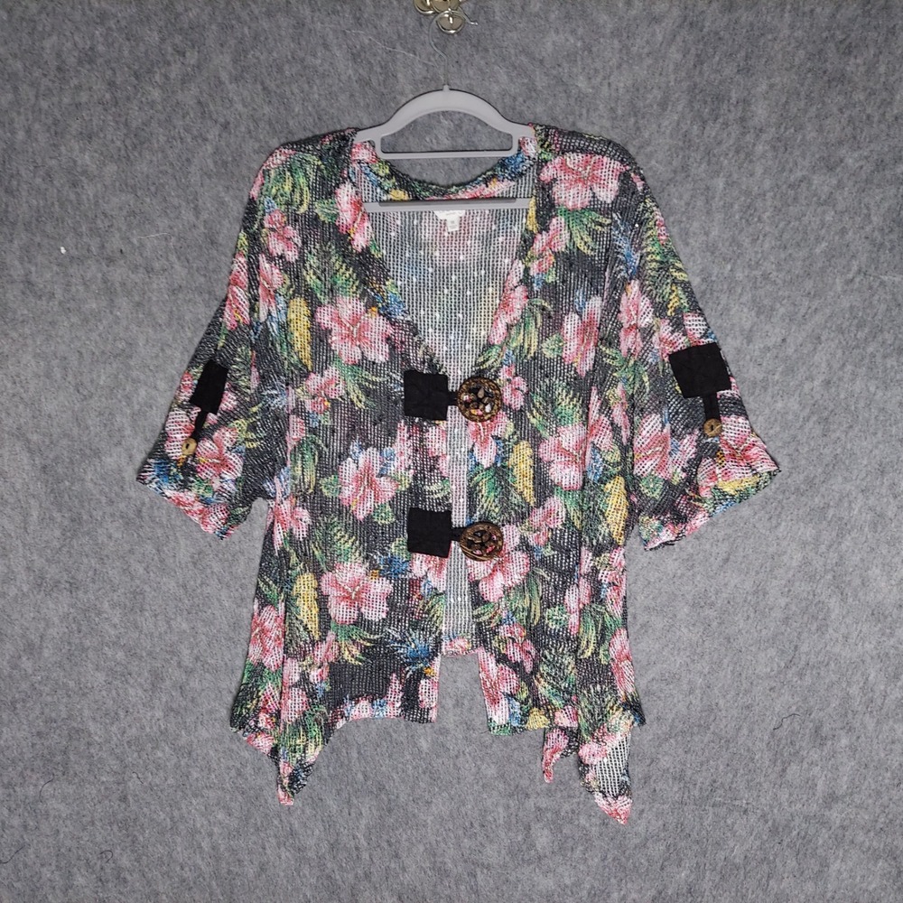 Coral Bay Cardigan Plus 1X Tropical Hawaiian Crochet Knit Sequin Toggle Closure